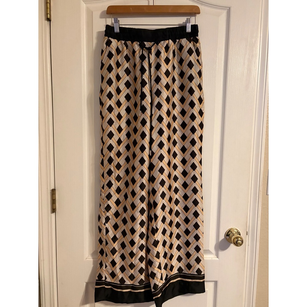 Mango MNG Wide Leg Pants Satin M Black Tan Geometric Diamond Print Flowy Boho